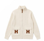 "H" Rib Zip Knit Cardigan